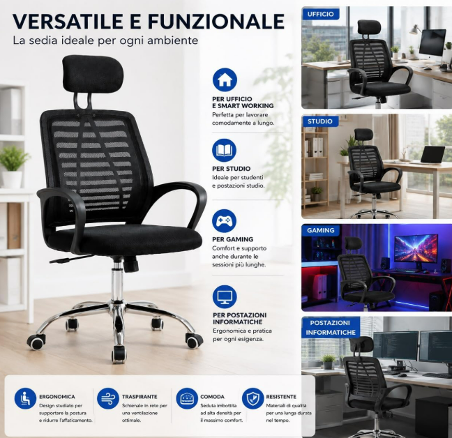Sedia da Ufficio Professionale Ergonomica con Poggiatesta Regolabile, Schienale Traspirante in Mesh, Seduta Imbottita, Altezza Regolabile e Base Cromata con Ruote 360°