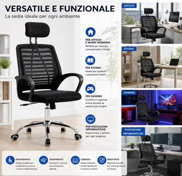 Sedia da Ufficio Professionale Ergonomica con Poggiatesta Regolabile, Schienale Traspirante in Mesh, Seduta Imbottita, Altezza Regolabile e Base Cromata con Ruote 360°